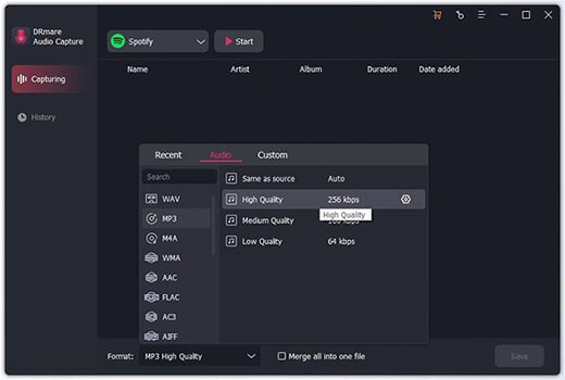 set audio format for audio files