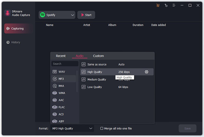 set output audio parameters for recordings