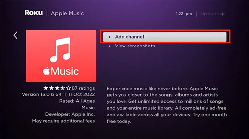 add apple music channel on roku tv