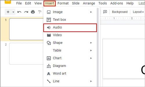 open insert audio section to add spotify music to google slides on pc