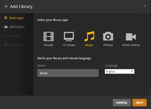 choose music to add library to plex