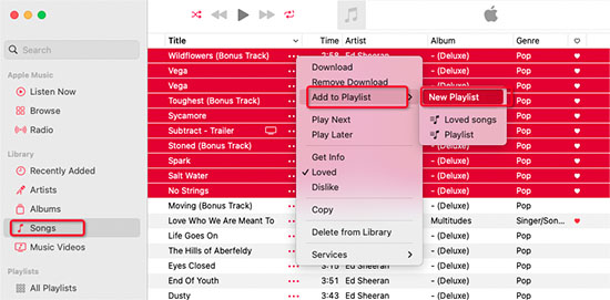 add loved songs to new playlist