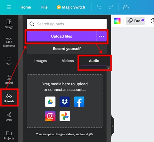 click upload files in canva
