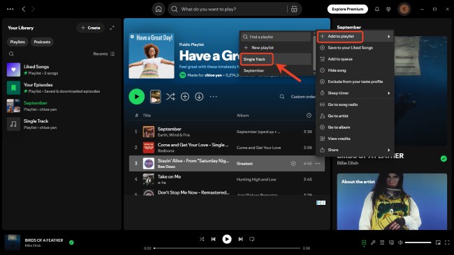 add singles to playlist spotify
