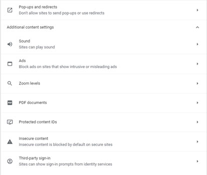 google chrome additional content settings
