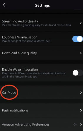 car mode on amazon music settings