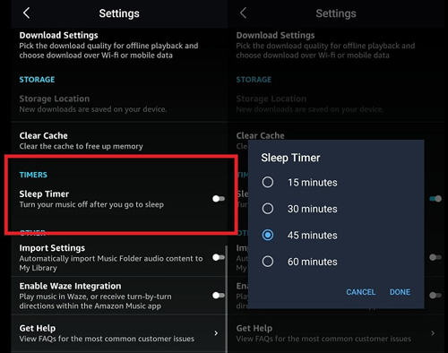 how to set amazon music sleep timer android
