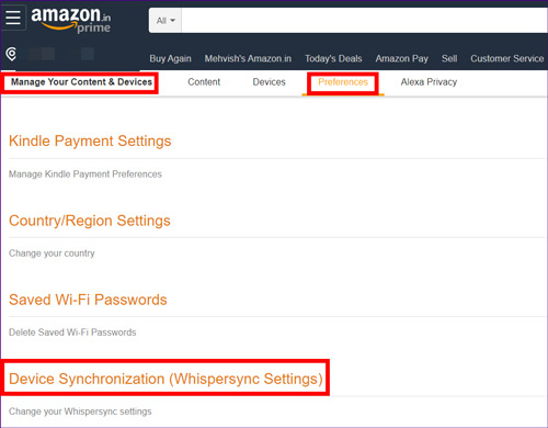 check whispersync settings on amazon