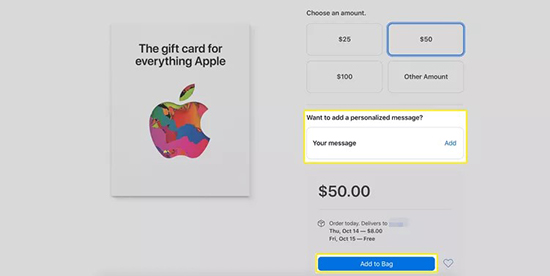 add apple gift card to bag