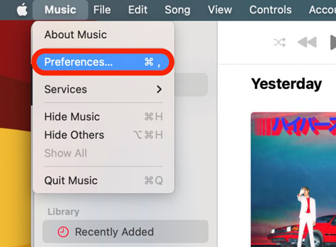 preferences option on apple music app on mac