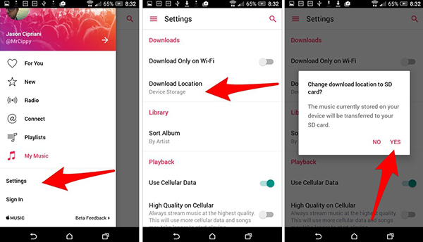 change apple music android download location