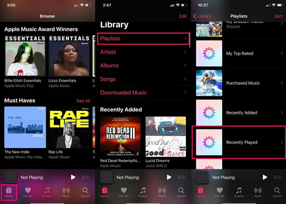 see recently played on apple music in your library