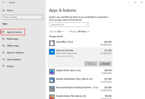 apps and features in windows settings