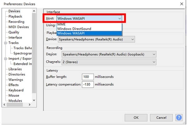 choose windows wasapi in audacity