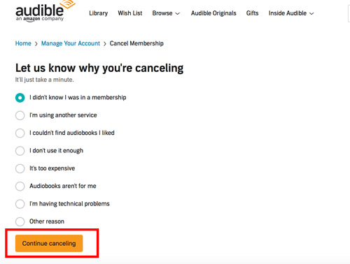 continue canceling audible subscription