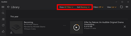 show recency titles on audible pc