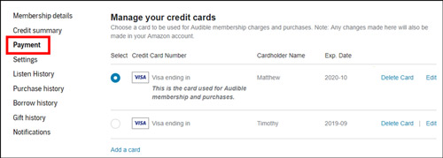 audible manage your credit cards