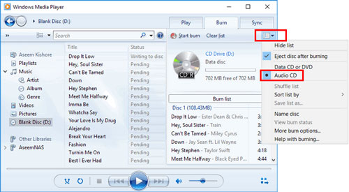 choose audio cd option in wmp