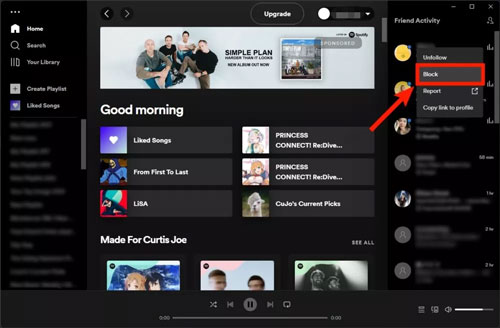 block people on spotify from friend activity