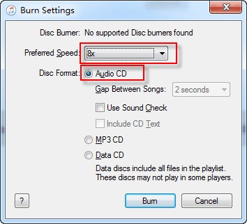 burn settings on itunes