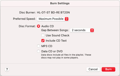 burn settings on music app