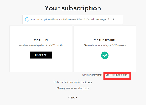 cancel tidal subscription on website