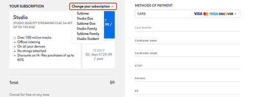 change your subscription plan button of qobuz