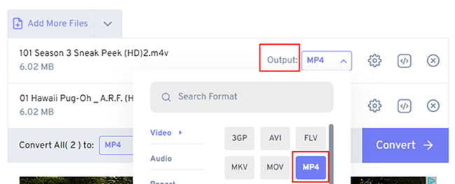 choose m4v as output format in freeconvert