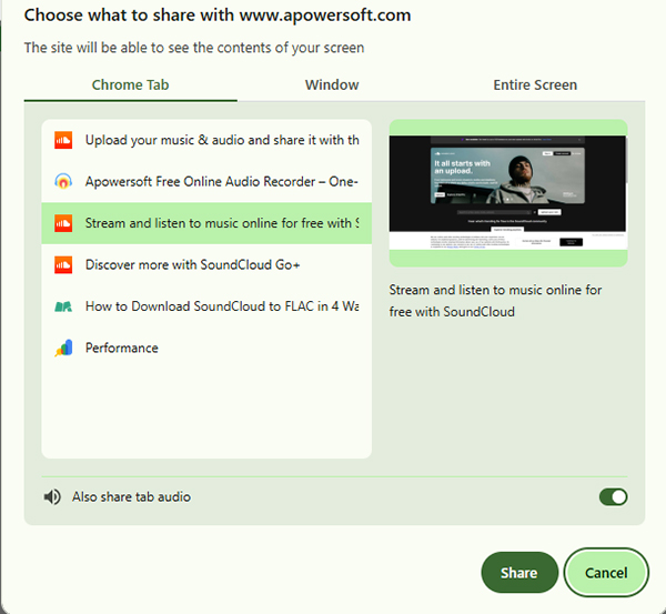 choose soundcloud tab in apowersoft