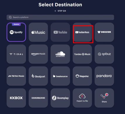 choose YouTube Music as destination service on TuneMyMusic