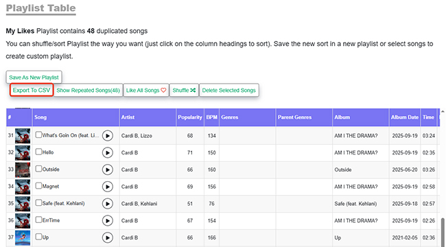 chosic export spotify playlist to csv