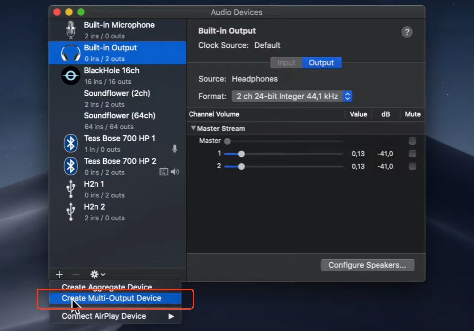 click create multi output device in blackhole