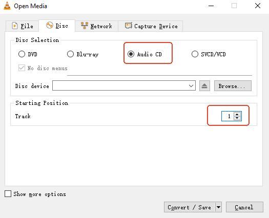 configure the open media window in vlc media player
