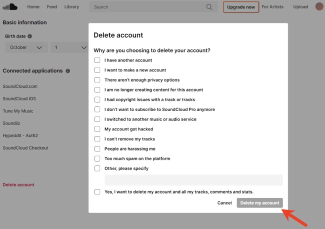 confirm delete my account soundcloud web
