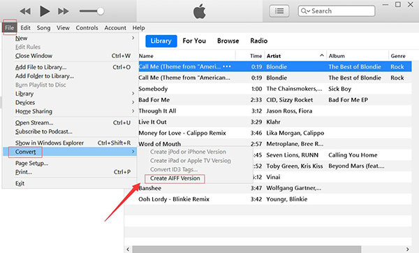 convert apple music m4p to aiff with itunes