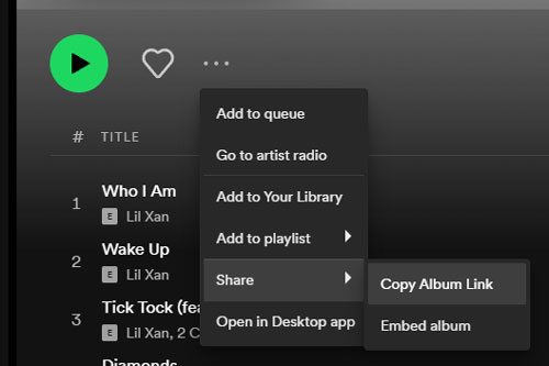 copy spotify album link on the desktop app