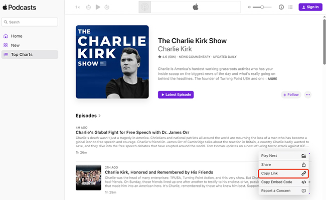 copy apple podcast link