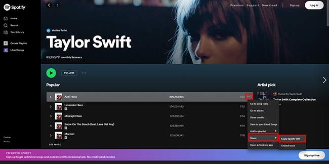 copy spotify link from web player