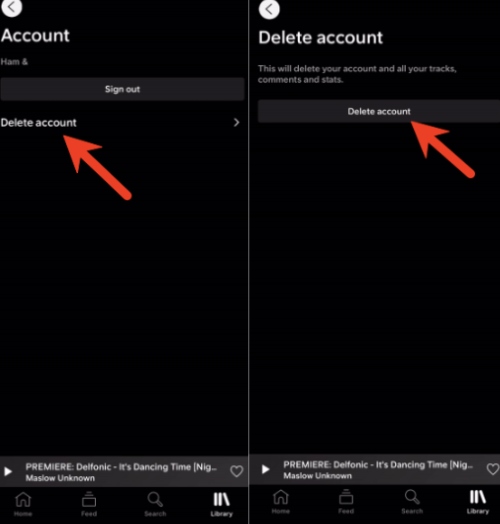 delete account button soundcloud mobile