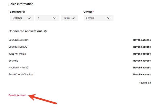 delete account button soundcloud web