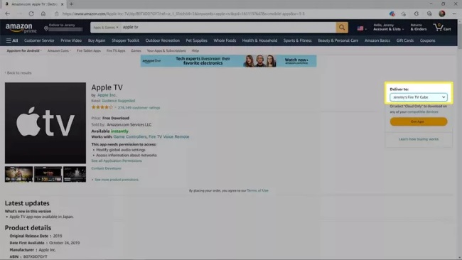 delivery button amazon website apple tv
