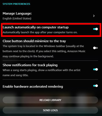 how to stop amazon music on startup via app