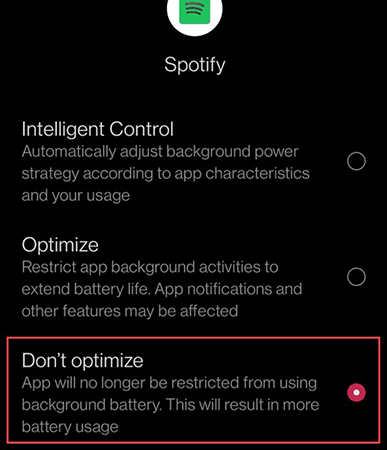 disable power saving mode for spotify android