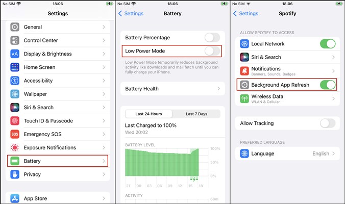 disable power saving mode for spotify iphone