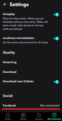 disconnect facebook from tidal on mobile
