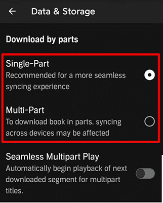 change audible download by parts on ios