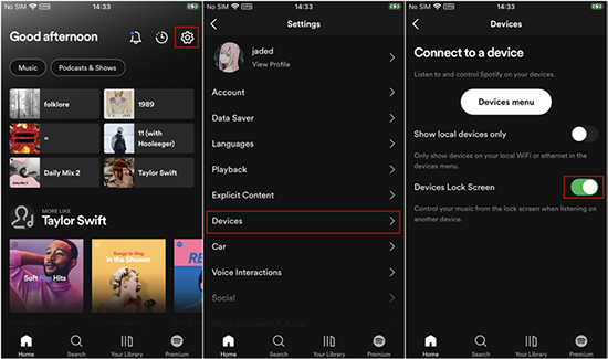 turn on devices lock screen on spotify