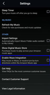 enable waze integration to connect amazon music to waze