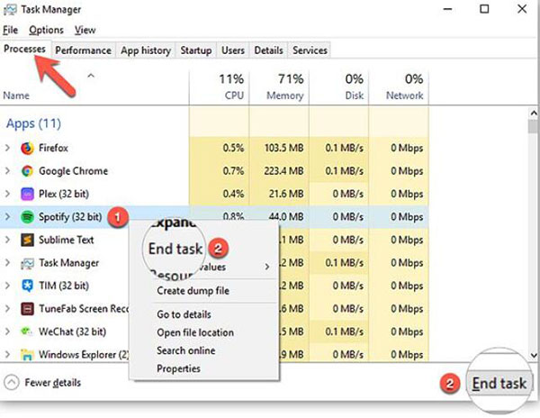 end spotify task to fix spotify not playing