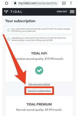 cancel tidal subscription